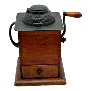 Unusual Antique American Cast Iron & Wood Hand Crank Coffee Grinder - Circa Late 19th Century