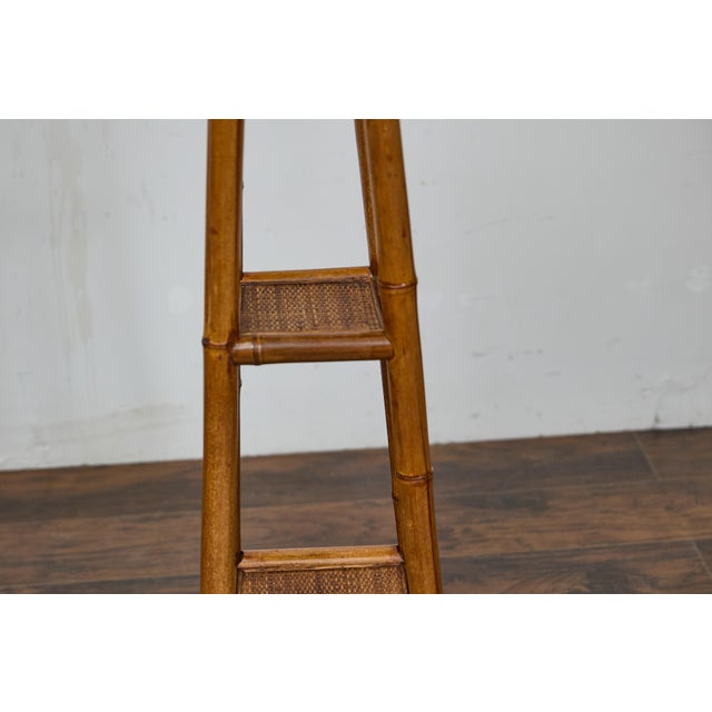Brown Rustic 1920s English Walnut Faux Bamboo Stand with Rattan Top and Two Shelves For Sale - Image 8 of 12