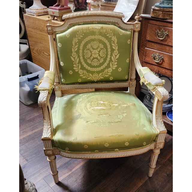 Charming antique white and giltwood finish armchair with wonderful old chartreuse green silk upholstery....that is...