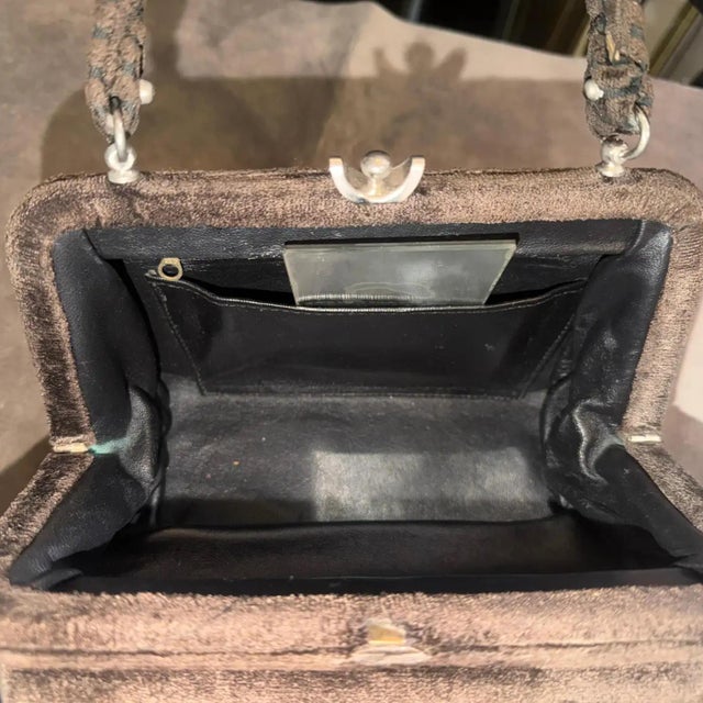 1970s High Quality Brown Cut Velvet and Silver Plated Metal Italian Evening Bag For Sale - Image 6 of 13