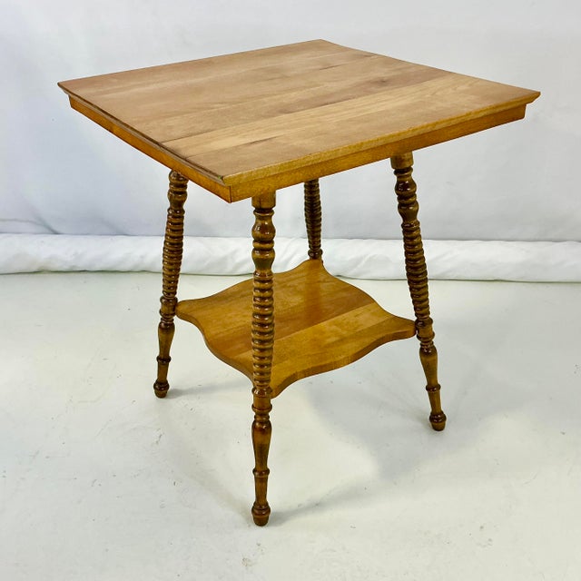 Camel 1920s Antique Americana Boho Chic Bobbin Leg Maple Center Table. For Sale - Image 8 of 15