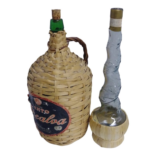 1970s Wicker Wine Bottles - a Pair For Sale