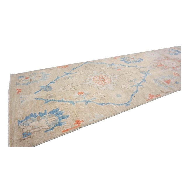 Early 21st Century 21st Century Turkish Oushak 3X12 Beige, Slate Blue, Ivory & Orange Handmade Runner Rug #1144198 For Sale - Image 5 of 12