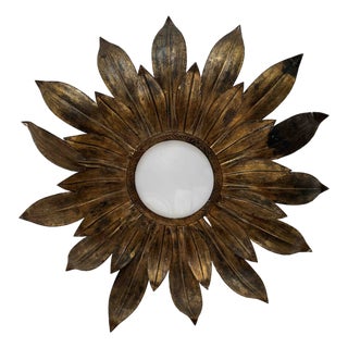 Antique Spanish Sunburst Iron & Glass Light Fixture For Sale