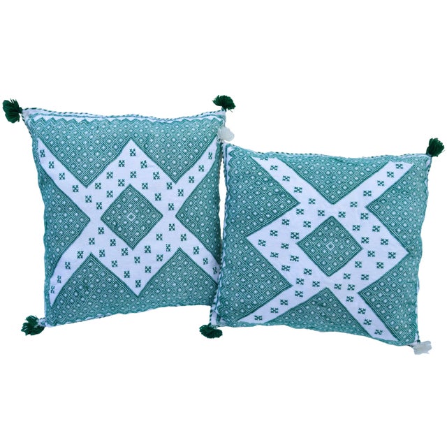 Vintage Berber Green & White Diamond-Patterned Pillows - Set of 2 For Sale - Image 4 of 11