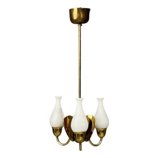 1950s Danish Moden, Pendant Light, Polished Brass, Opal Glass For Sale