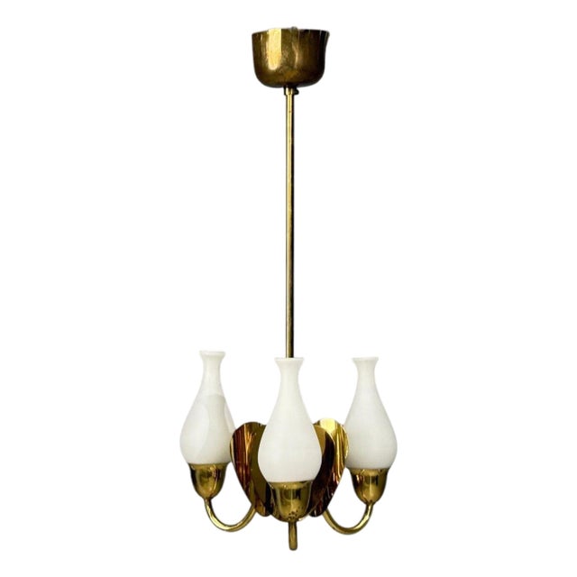 1950s Danish Moden, Pendant Light, Polished Brass, Opal Glass For Sale
