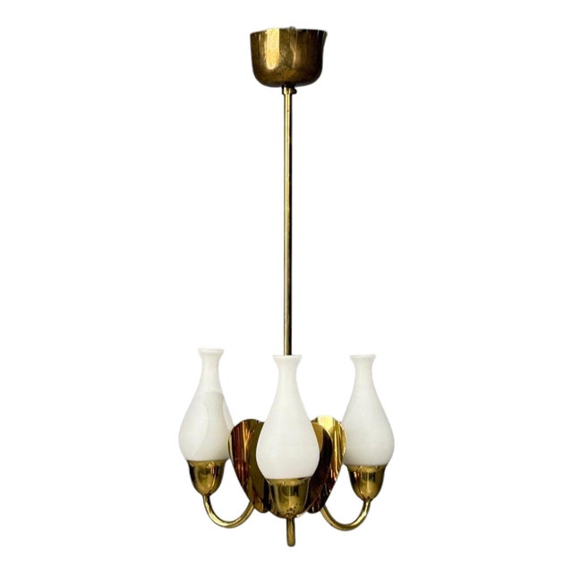Danish Moden, Pendant Light, Polished Brass, Opal Glass, Denmark, 1950s For Sale