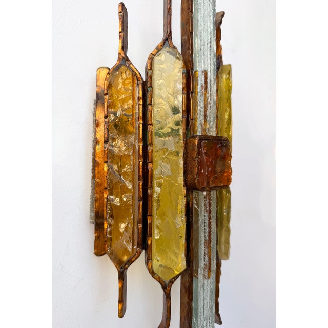 Pair of Hammered Glass Wrought Iron Sconces by Longobard, Italy, 1970s For Sale - Image 10 of 12