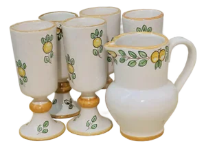 Vintage Hand Painted Lemons Designed Set of Wine Cups & Pitcher Made in Spain Signed - Set of 6