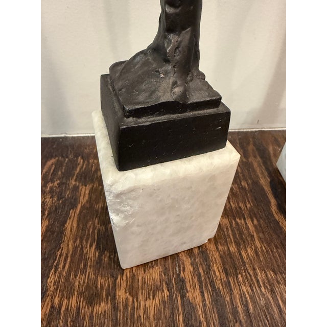 Late 20th Century Pair of Giacometti Style Male & Female Figural Sculptures on Marble Bases For Sale - Image 12 of 17
