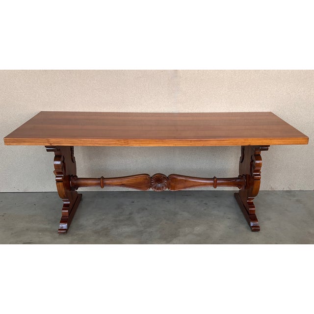 20th Century Spanish Baroque Carved Walnut Lyre Legs Trestle Dining Farm Table For Sale - Image 4 of 11