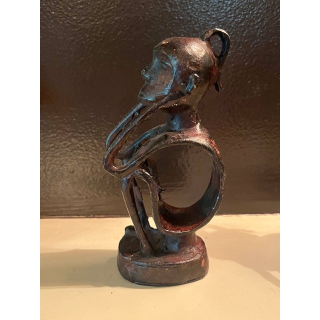 Set of 6 African Art Bronze Sitting Sculptures Napkin or Place Card Holders For Sale - Image 4 of 6