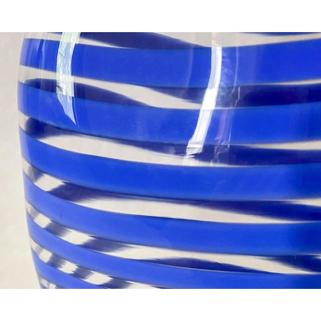 Vintage 1990s Studio Blown Glass Cobalt Blue and Clear Striped Vase For Sale - Image 9 of 11