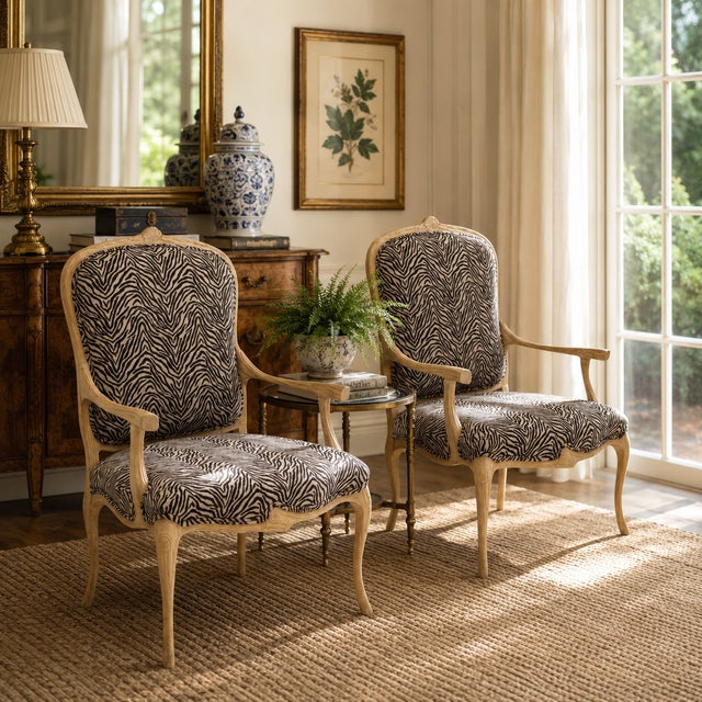1960s Italian Carved Faux Bois Cerused Bergère Chairs in Zebra Fabric - Pair For Sale - Image 5 of 7