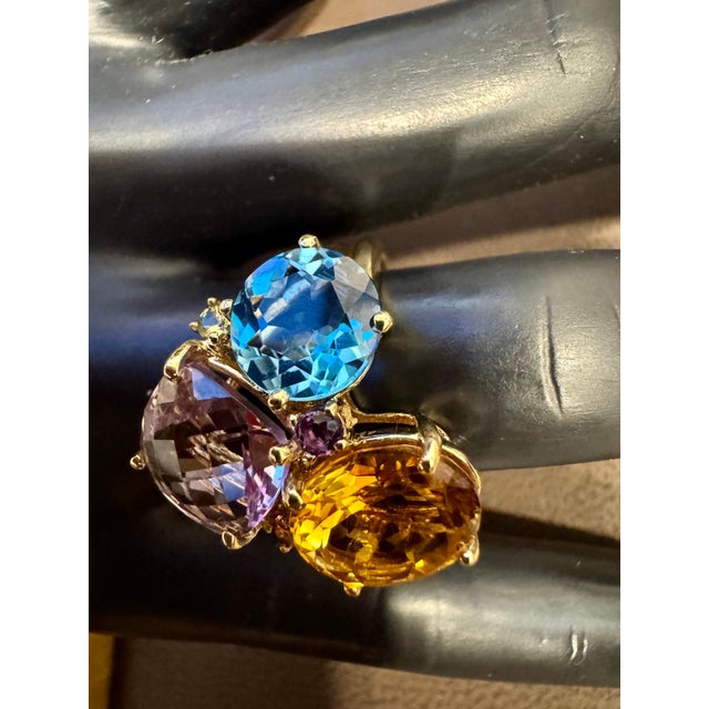 Blue Topaz, Citrine, Pink Amethyst Cocktail Ring 14 Karat Yellow Gold Estate S7 For Sale - Image 4 of 18
