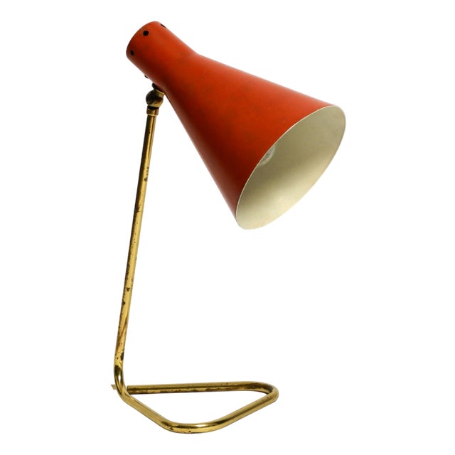 Large Mid-Century Modern Brass Table Lamp with Brick Red Shade, 1950s For Sale