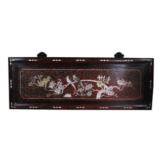 Wooden Plaque With Mother-of-Pearl Bird and Floral Inlay For Sale