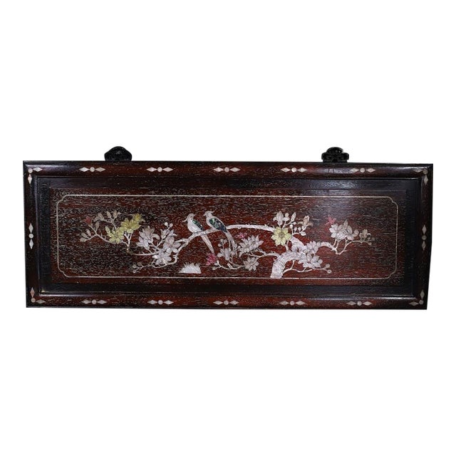 Wooden Plaque With Mother-of-Pearl Bird and Floral Inlay For Sale