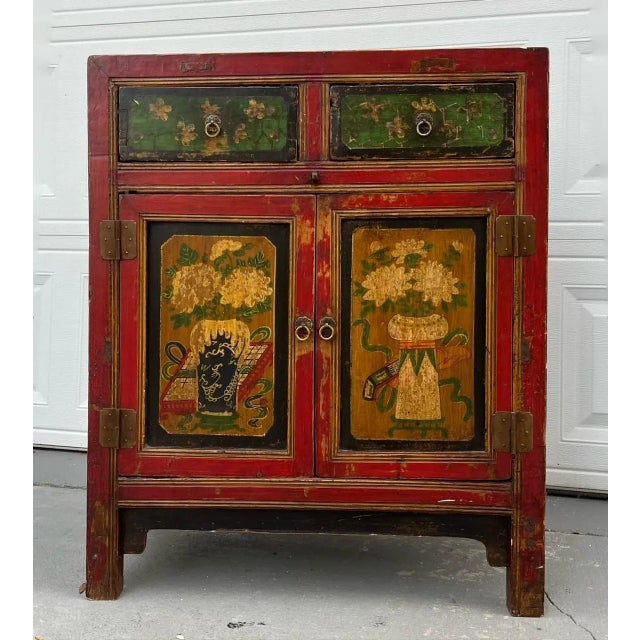 Late 20th Century Chinese Painted Vintage Elm Hall Cabinet. For Sale - Image 5 of 11