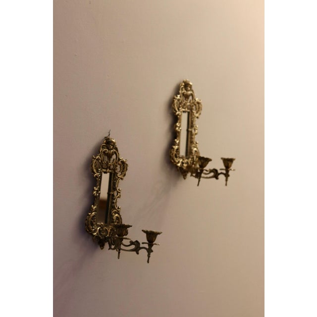 Antique Brass Sconces with Mirrors, 1880, Set of 2 For Sale - Image 4 of 9