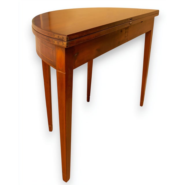 Brown Antique Federal Style Mahogany Demilune Folding Game Table With Delicate Inlay For Sale - Image 8 of 12