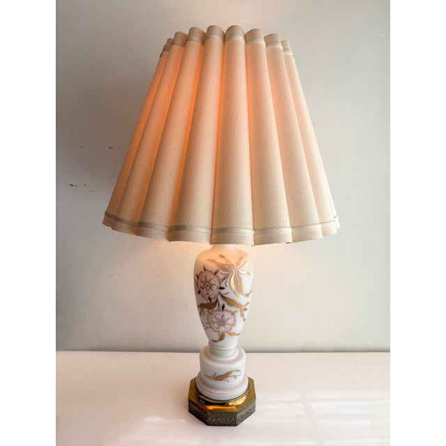 Mid Century Bavarian Glass Lamp Painted Floral Gold Accents With Shade For Sale - Image 11 of 11