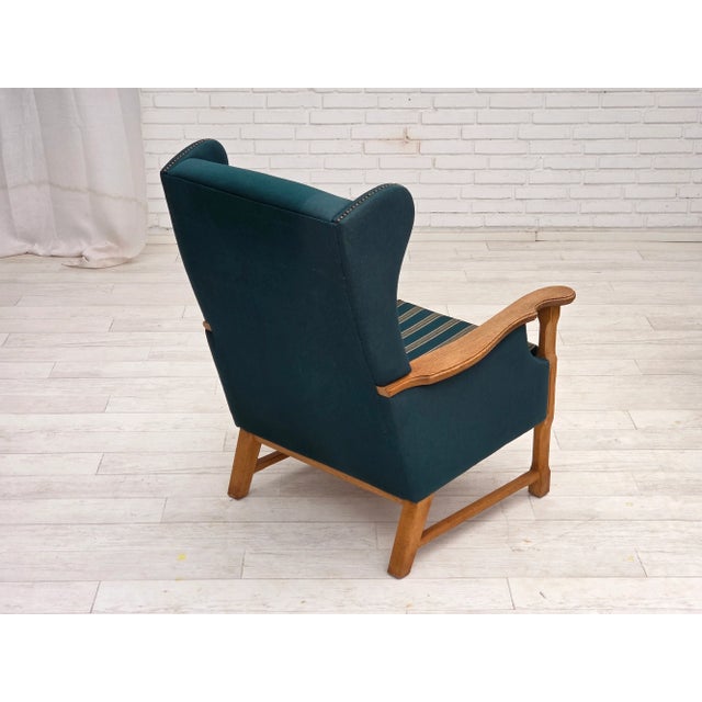 Danish Highback Armchair in Turkis-Green Wool and Oak Wood, 1970s For Sale - Image 6 of 18