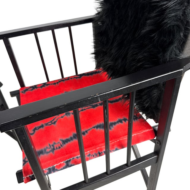 Vintage 1980s Pair of (2) Danish Folding Armchairs / Directors Chairs Set by Hyllinge Møbler - Red Flame Velvet & Black Faux Fur Upholstery For Sale - Image 11 of 18