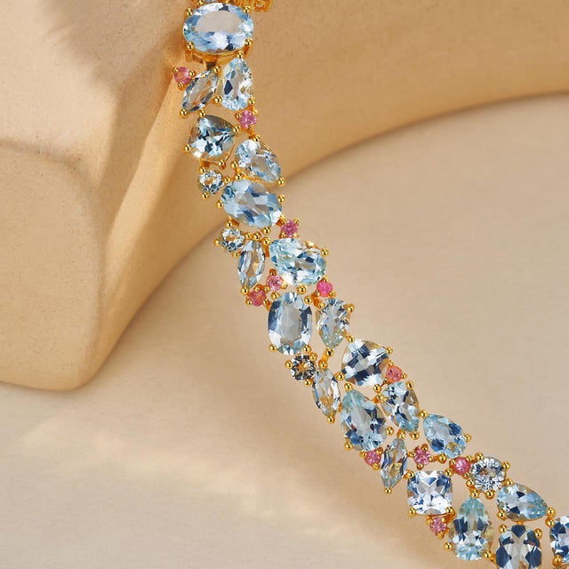 Nina Zhou Ocean Life Aquamarine, Topaz & Pink Sapphire Collar Necklace in 14k Gold For Sale In Los Angeles - Image 6 of 8