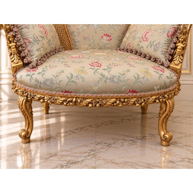 1960s 1960 French Artisan Louis XVI Gold Beech Damask Settee For Sale - Image 5 of 13