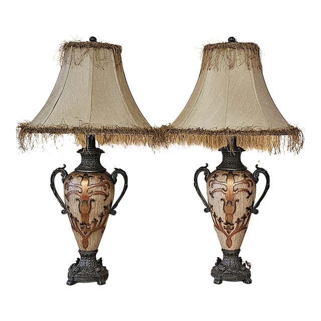 Pair of Vintage Neoclassical Urn Table Lamps With Decorative Fringe Shades For Sale