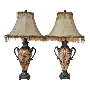 Pair of Vintage Neoclassical Urn Table Lamps With Decorative Fringe Shades