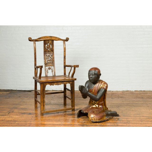 Asian Mid 19th Century Thai Kneeling Ceremonial Temple Monk Lacquered and Gilt Sculpture For Sale - Image 3 of 13