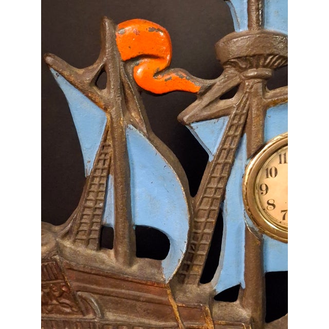 Antique Cast Iron Ship Mantel Clock Connecticut Foundry Waterbury Movement 1920s For Sale - Image 14 of 18