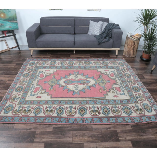 Contemporary Vintage Pink Area Oushak Turkish Hand-Knotted Rug For Sale - Image 3 of 8