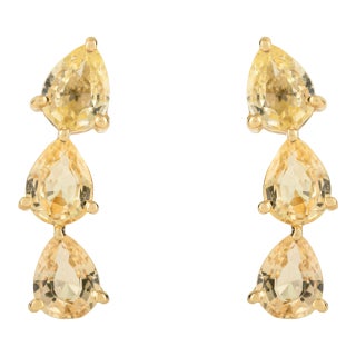 Modern 1.16 Ct Yellow Sapphire Three Stone Minimalist Stud Earrings in 14k Gold- A Pair For Sale
