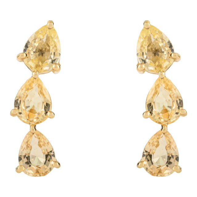 Modern 1.16 Ct Yellow Sapphire Three Stone Minimalist Stud Earrings in 14k Gold- A Pair For Sale