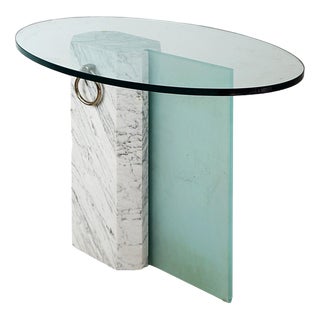Marble and Sandblasted Glass Side Table with Oval Glass Top, 1980s For Sale