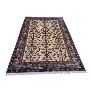 Vintage Afghan Tree of Life Bird Rug in Ivory, Indigo and Madder Red For Sale