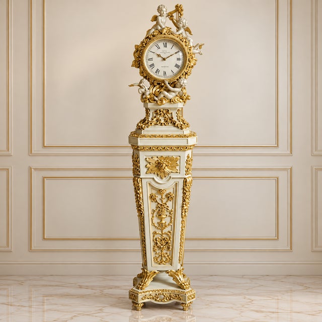 Elevate your interior with this grand French-inspired pedestal clock, featuring a refined white finish enriched with...