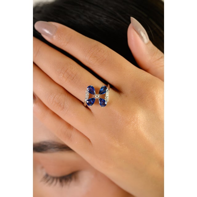 Ink Blue 14k Gold 1.58 Ct Floral Sapphire Diamond Bypass Art Deco Ring Size 6.5 For Sale - Image 8 of 15