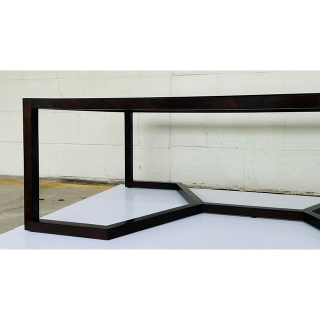 Original retail $3750, stylish Century Furniture Modern Kingsley Cocktail Table, walnut curl singles wood frame, glass...