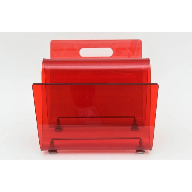 Modern Vintage 1970's Italian Red Lucite and Chrome Two Part Magazine Stand For Sale - Image 3 of 12