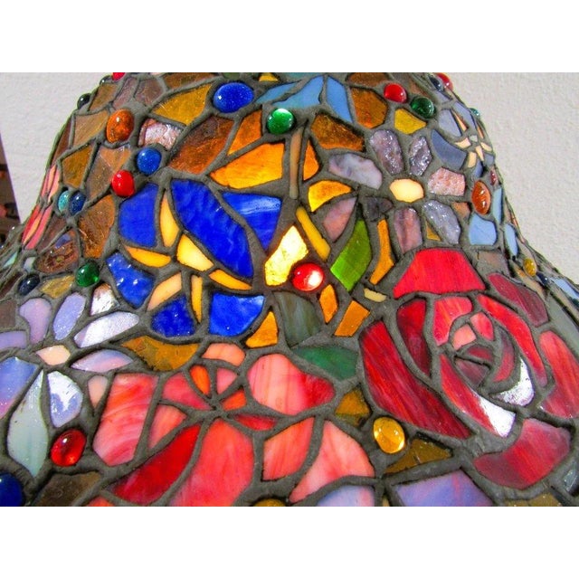 Vintage Tiffany Style Stained Glass Roses Poppies Cabochons Bell Lampshade For Sale In Miami - Image 6 of 18