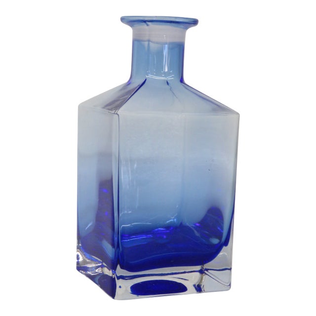 Cobalt Blue Vase Squared Glass W Ombre Gradient Mid Century Modern Bottle 4744b For Sale