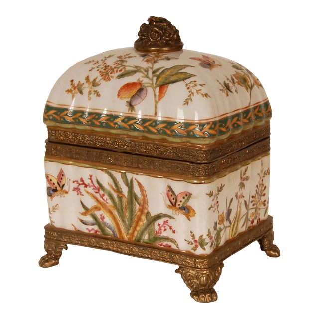 Vintage Porcelain Box Bronze Mounted Hand Painted Butterflies and Floral Decor For Sale
