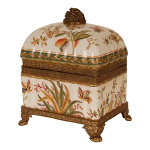 Vintage Porcelain Box Bronze Mounted Hand Painted Butterflies and Floral Decor