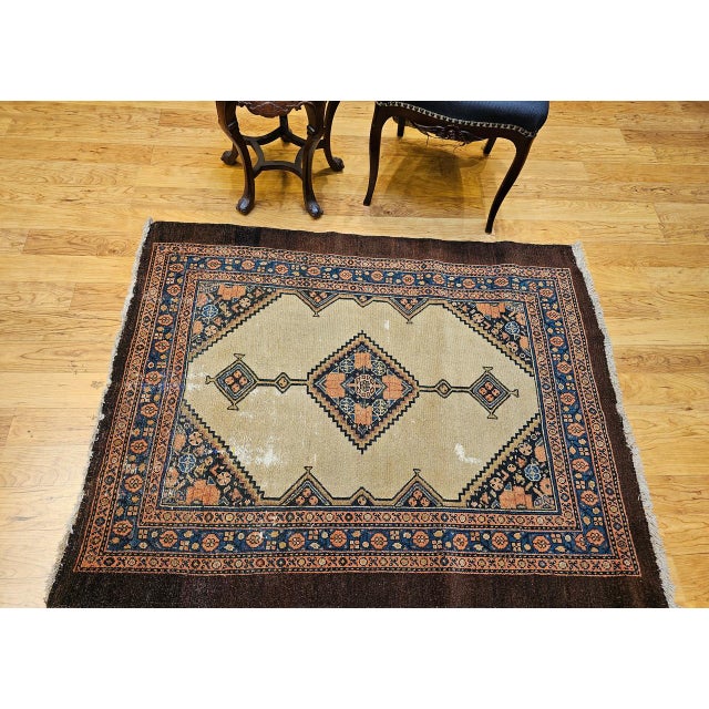 Antique Persian Serab Area Rug, Hand-Knotted Wool, Geometric Medallion Pattern, Camel Hair & Brown, 4x5 For Sale In Chicago - Image 6 of 18