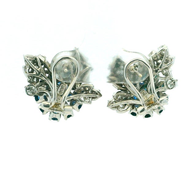 Ink Blue 1970s Pair of Frantz Hingelberg Danish 14k Gold Sapphire and Diamond Floral Earrings For Sale - Image 8 of 16